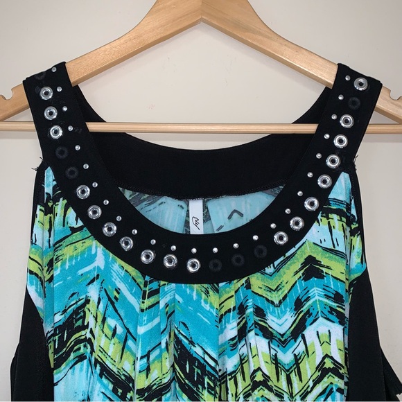 ๐ Blue Green Dress 1X XL Sheath Mini Geometric Pattern Black Sleeveless Summer - Picture 4 of 12
